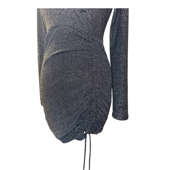 Y2K Black Silver Sparkle Ruched Mini Dress L Stretch Glam Party Whimsigoth Edgy - Picture 3 of 6